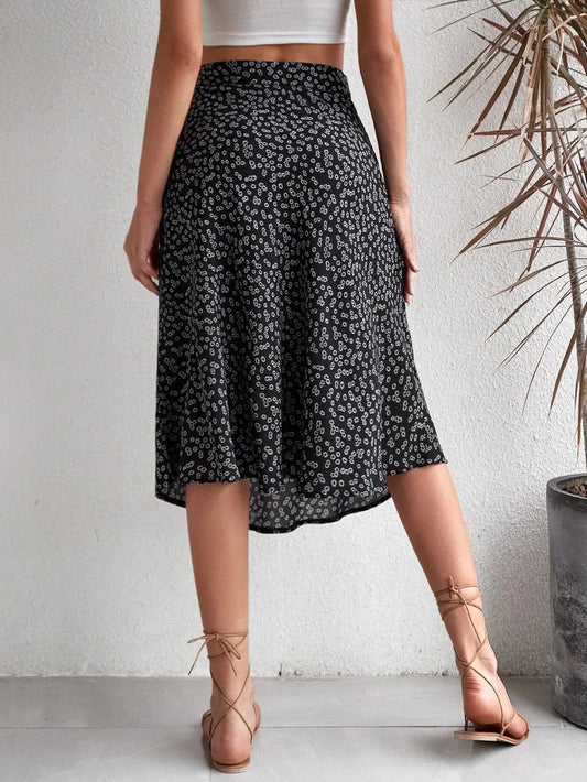 Falda evasé floral con cremallera y abertura