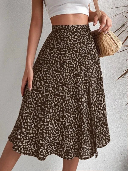 Falda evasé floral con cremallera y abertura