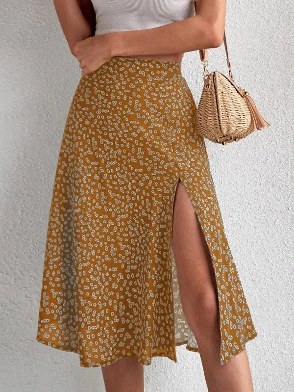 Falda evasé floral con cremallera y abertura