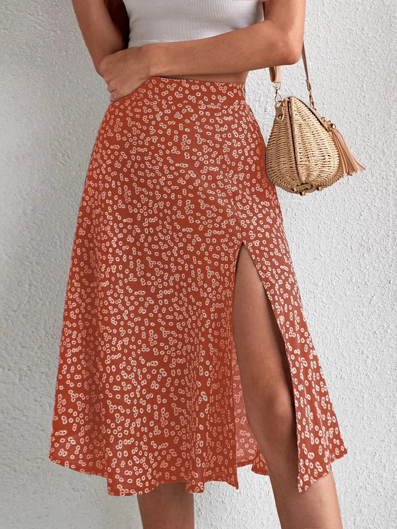 Falda evasé floral con cremallera y abertura