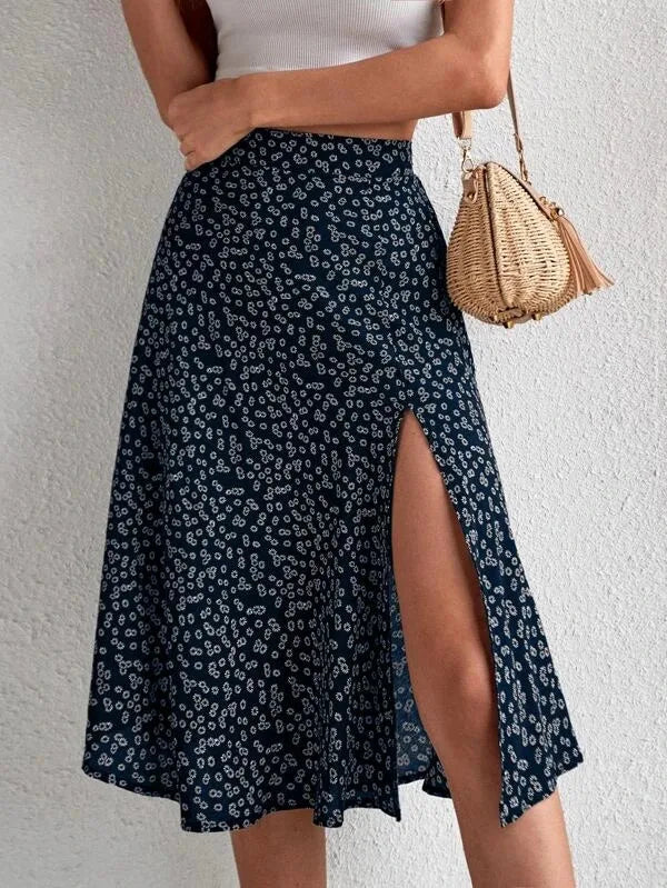 Falda evasé floral con cremallera y abertura