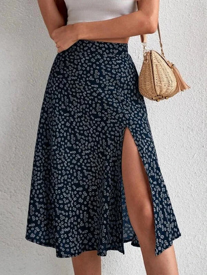 Falda evasé floral con cremallera y abertura