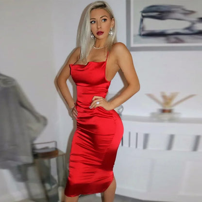 Vestido Midi de Satén Rosa con Espalda Descubierta