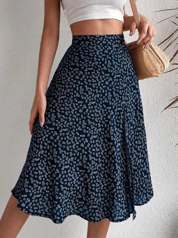Falda evasé floral con cremallera y abertura