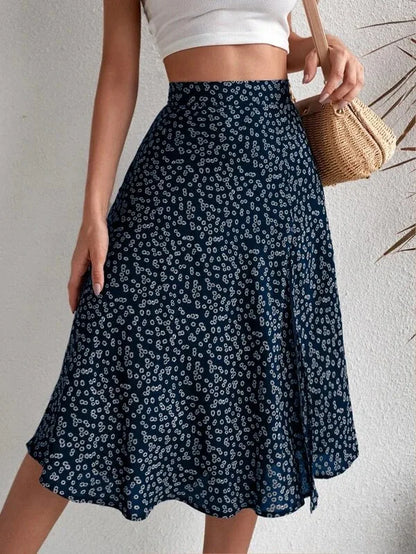 Falda evasé floral con cremallera y abertura
