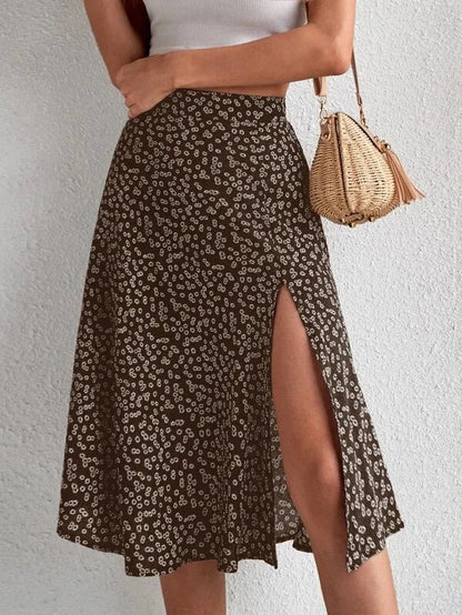 Falda evasé floral con cremallera y abertura