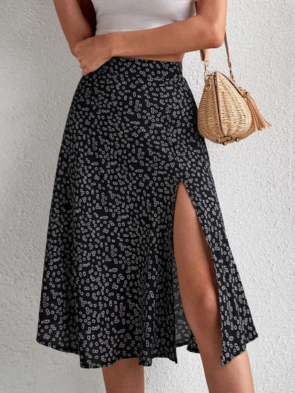 Falda evasé floral con cremallera y abertura