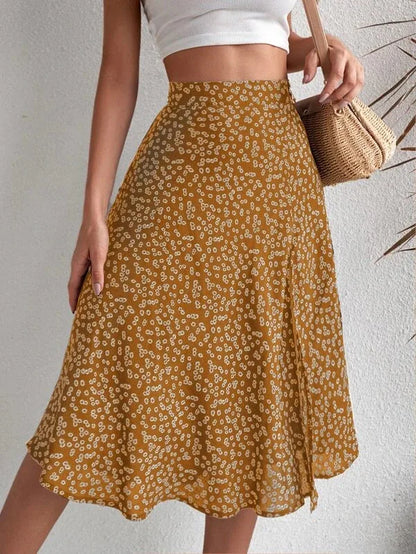 Falda evasé floral con cremallera y abertura