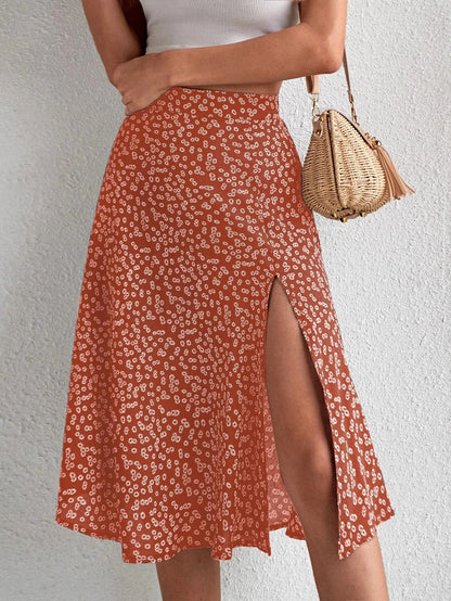 Falda evasé floral con cremallera y abertura
