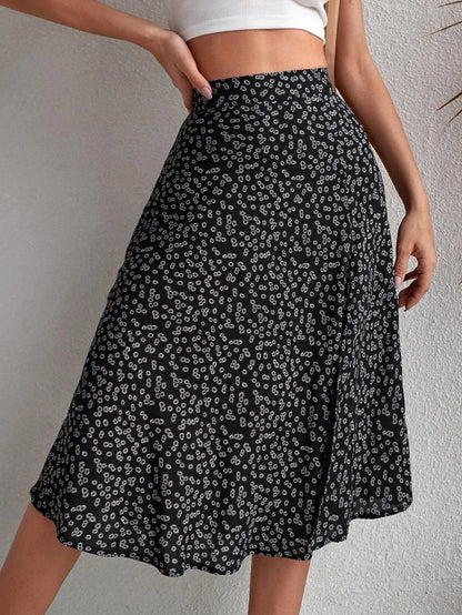 Falda evasé floral con cremallera y abertura