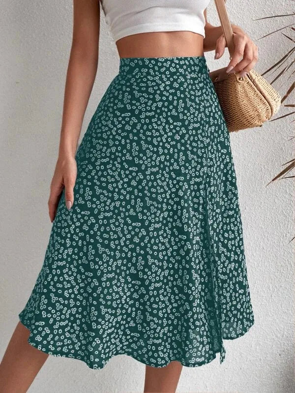 Falda evasé floral con cremallera y abertura