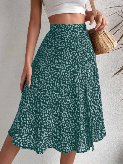 Falda evasé floral con cremallera y abertura