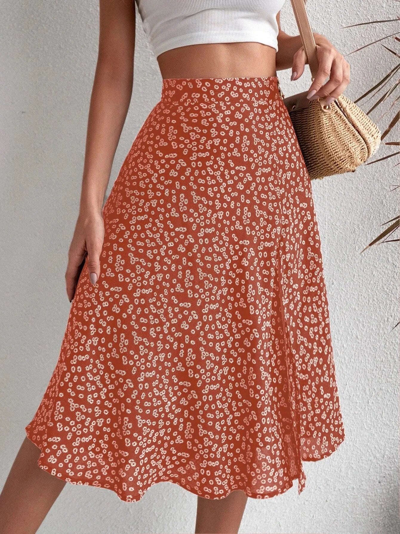 Falda evasé floral con cremallera y abertura