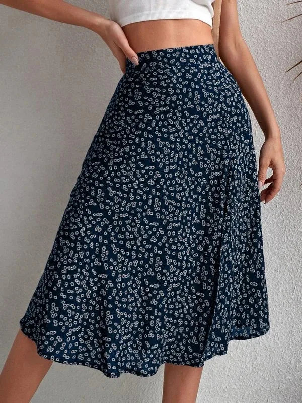 Falda evasé floral con cremallera y abertura