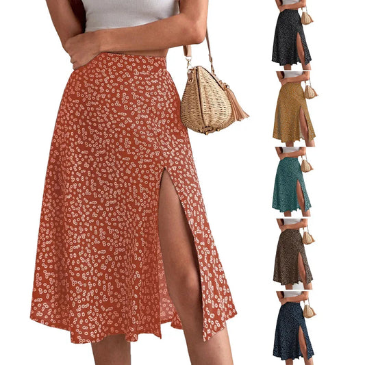 Falda evasé floral con cremallera y abertura