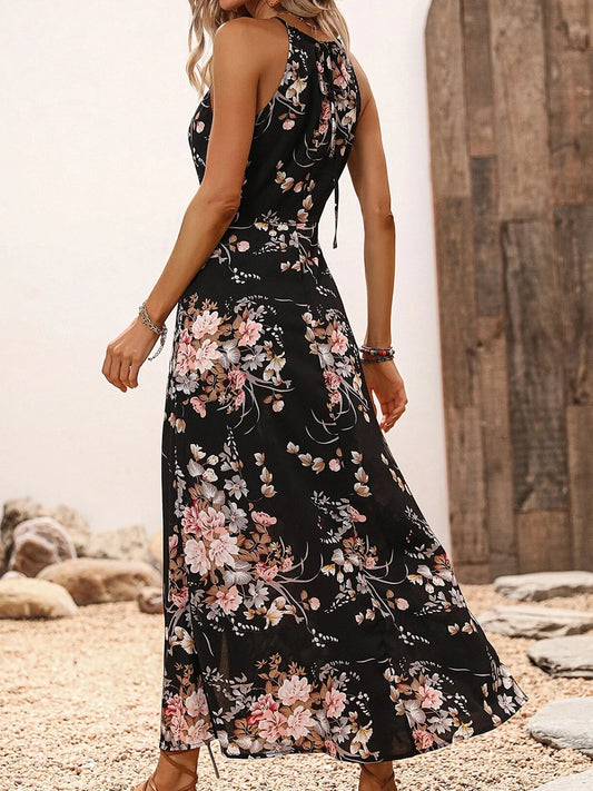 Vestido halter floral con abertura alta