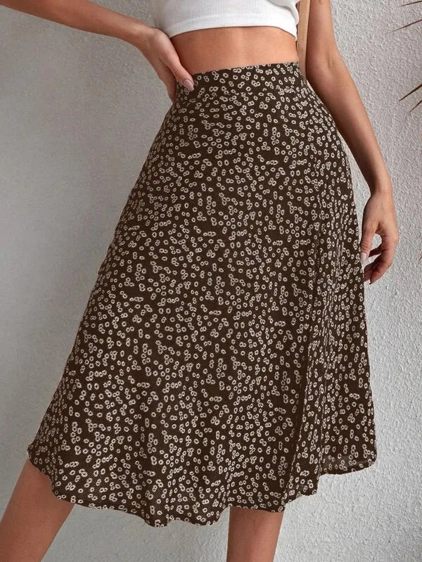 Falda evasé floral con cremallera y abertura