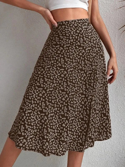 Falda evasé floral con cremallera y abertura