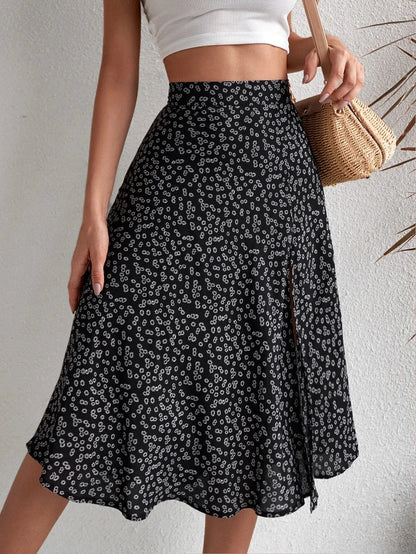 Falda evasé floral con cremallera y abertura