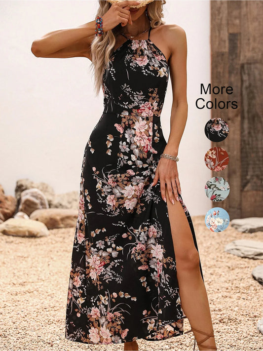 Vestido halter floral con abertura alta