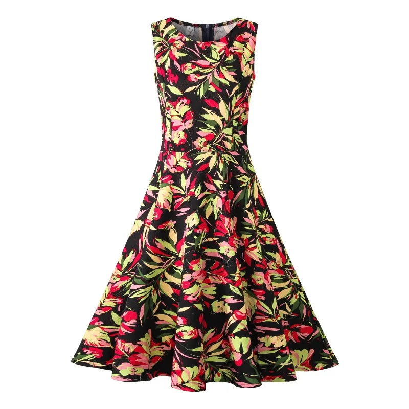 Vestido floral vintage de vuelo amplio — estilo años 50