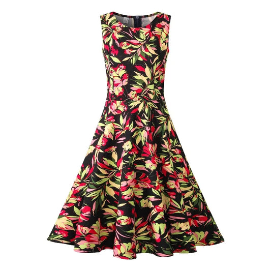 Vestido floral vintage de vuelo amplio — estilo años 50