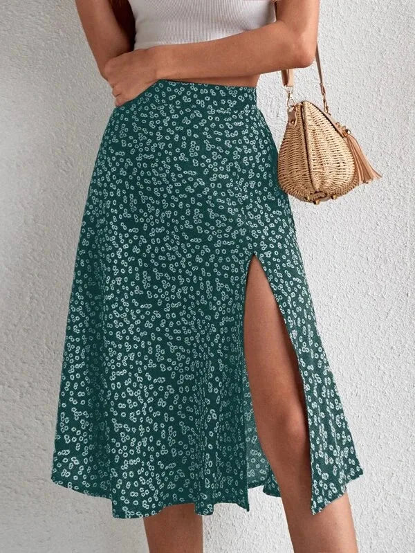 Falda evasé floral con cremallera y abertura