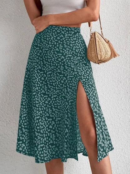Falda evasé floral con cremallera y abertura