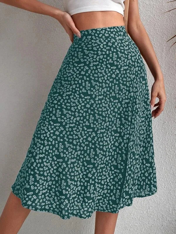 Falda evasé floral con cremallera y abertura